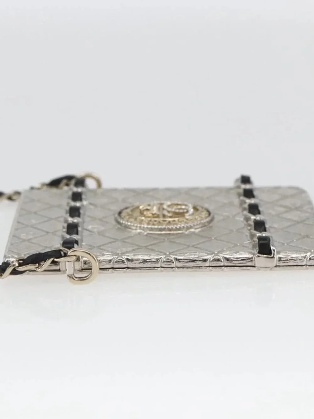CHANEL Chain Neck Card Case metal Silver tone CC Auth 164711SM